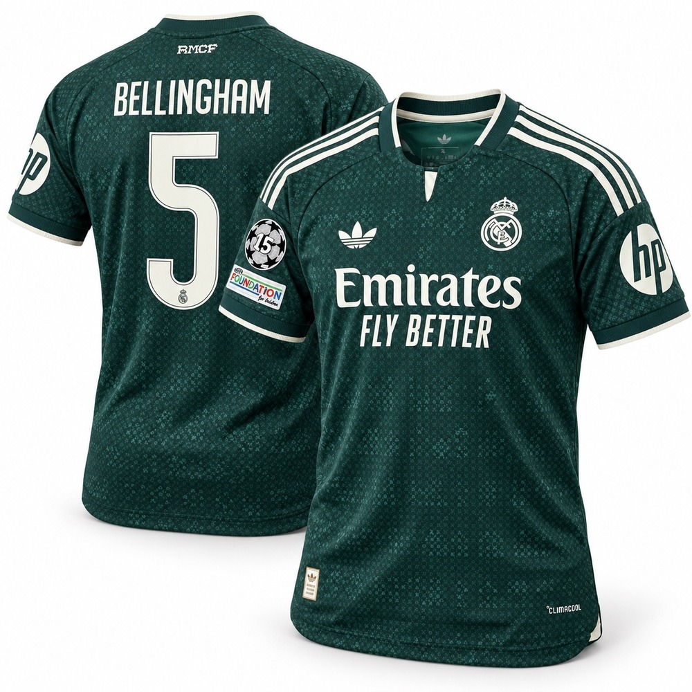 Real Madrid Bellingham #5 Green Adidas Jersey Size XL Champions League